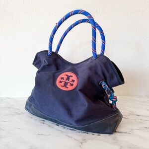 Tory Burch Navy Blue & Orange Kellyn Canvas Tote